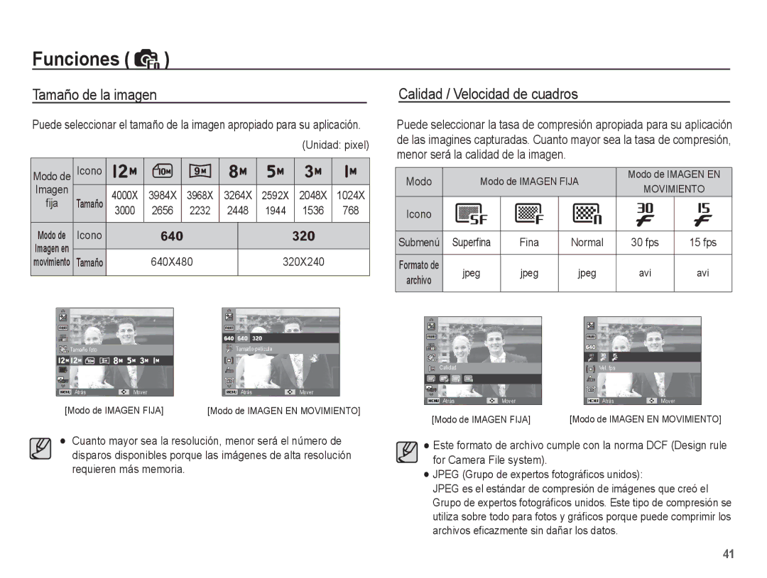 Samsung EC-PL65ZBBP/E1 manual Tamaño de la imagen Calidad / Velocidad de cuadros, 3000 2656 2232 2448 1944 1536 768 Icono 