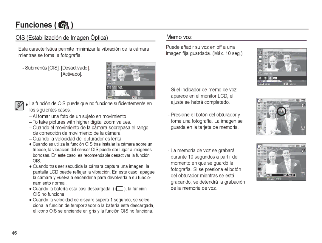 Samsung EC-PL65ZABP/CO manual OIS Estabilización de Imagen Óptica Memo voz, Cuando la velocidad del obturador es lenta 