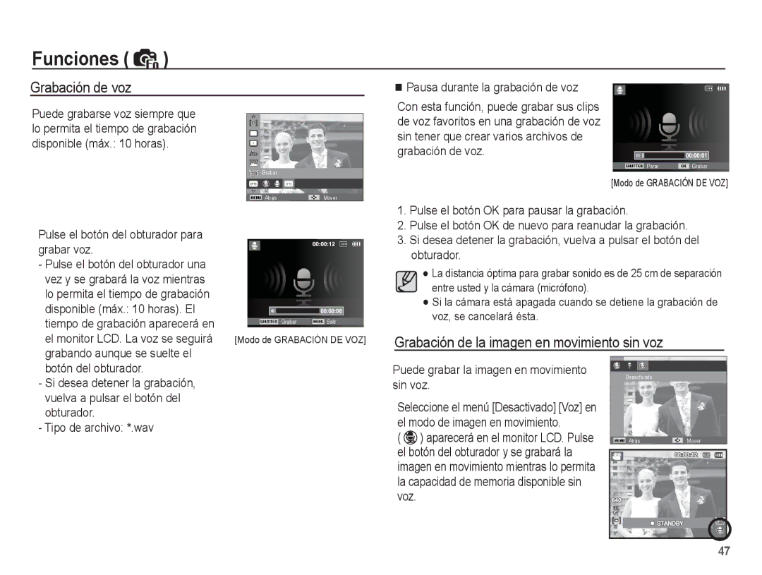 Samsung EC-PL65ZBBP/E1, EC-PL65ZABP/CO manual Grabación de voz, Grabación de la imagen en movimiento sin voz 