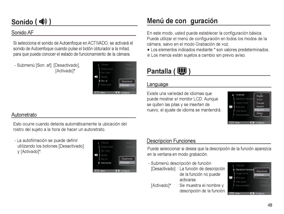 Samsung EC-PL65ZBBP/E1, EC-PL65ZABP/CO manual Menú de conﬁguración, Pantalla 