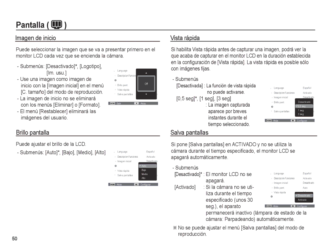 Samsung EC-PL65ZABP/CO, EC-PL65ZBBP/E1 manual Imagen de inicio, Vista rápida, Brillo pantalla Salva pantallas 