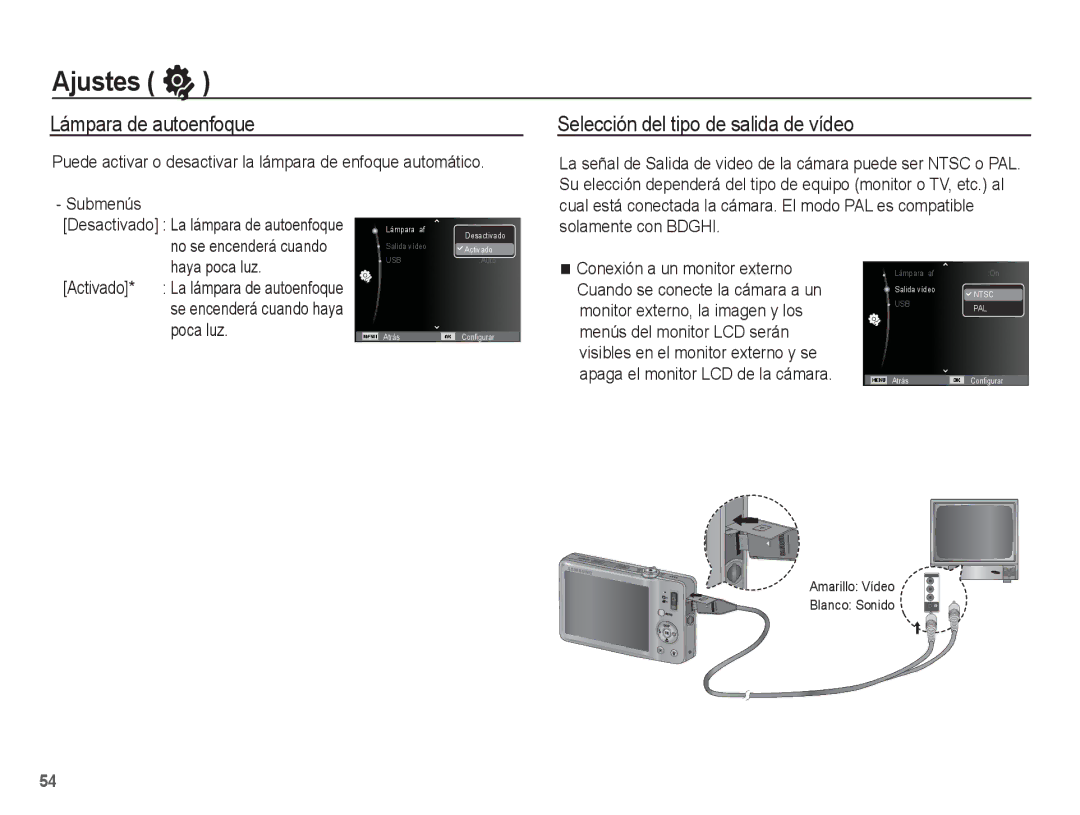 Samsung EC-PL65ZABP/CO, EC-PL65ZBBP/E1 manual Lámpara de autoenfoque, Selección del tipo de salida de vídeo 