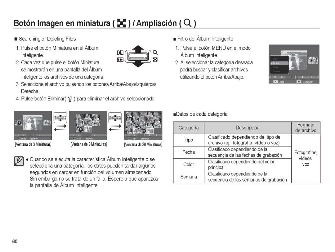 Samsung EC-PL65ZABP/CO, EC-PL65ZBBP/E1 manual Botón Imagen en miniatura º / Ampliación í, ŶDatos de cada categoría 