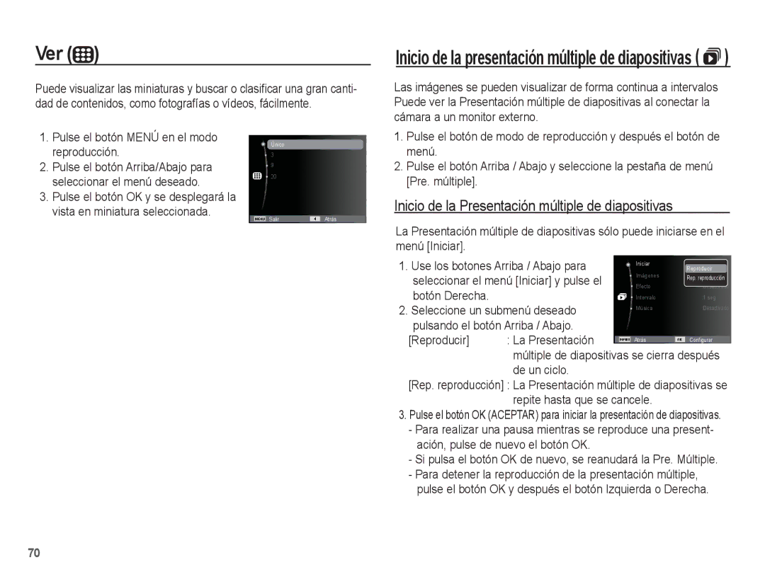 Samsung EC-PL65ZABP/CO manual Ver, Inicio de la Presentación múltiple de diapositivas, Seleccione un submenú deseado 