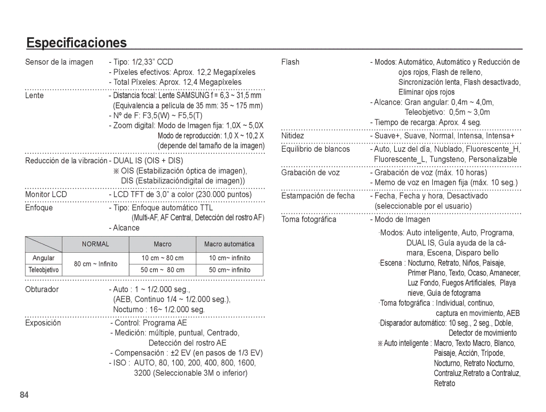 Samsung EC-PL65ZABP/CO, EC-PL65ZBBP/E1 manual Especificaciones 