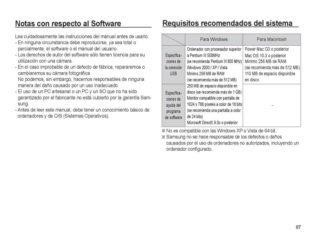 Samsung EC-PL65ZBBP/E1, EC-PL65ZABP/CO manual Notas con respecto al Software, Requisitos recomendados del sistema 