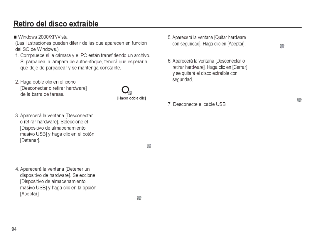 Samsung EC-PL65ZABP/CO, EC-PL65ZBBP/E1 manual Retiro del disco extraíble, De la barra de tareas, Desconecte el cable USB 