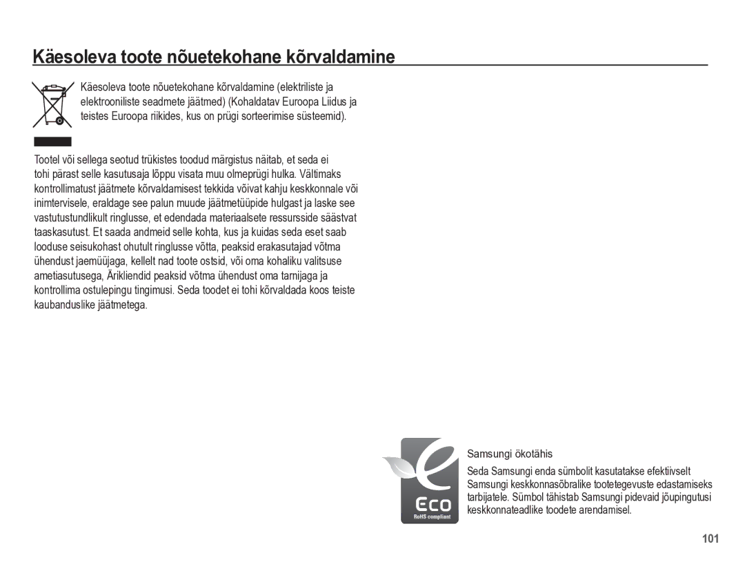 Samsung EC-PL65ZBBP/RU manual Käesoleva toote nõuetekohane kõrvaldamine, Samsungi ökotähis 