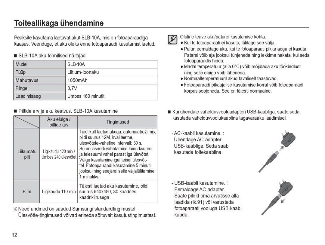 Samsung EC-PL65ZBBP/RU manual Toiteallikaga ühendamine, SLB-10A aku tehnilised näitajad 