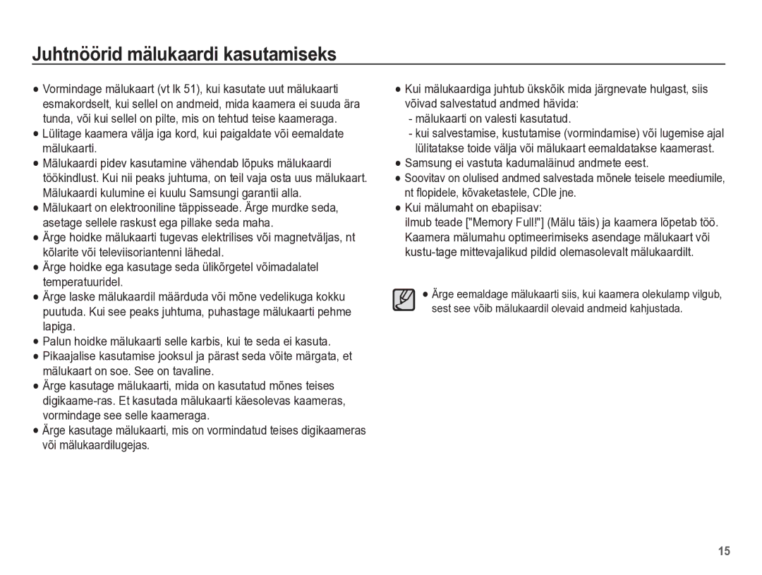 Samsung EC-PL65ZBBP/RU manual Juhtnöörid mälukaardi kasutamiseks, Samsung ei vastuta kadumaläinud andmete eest 