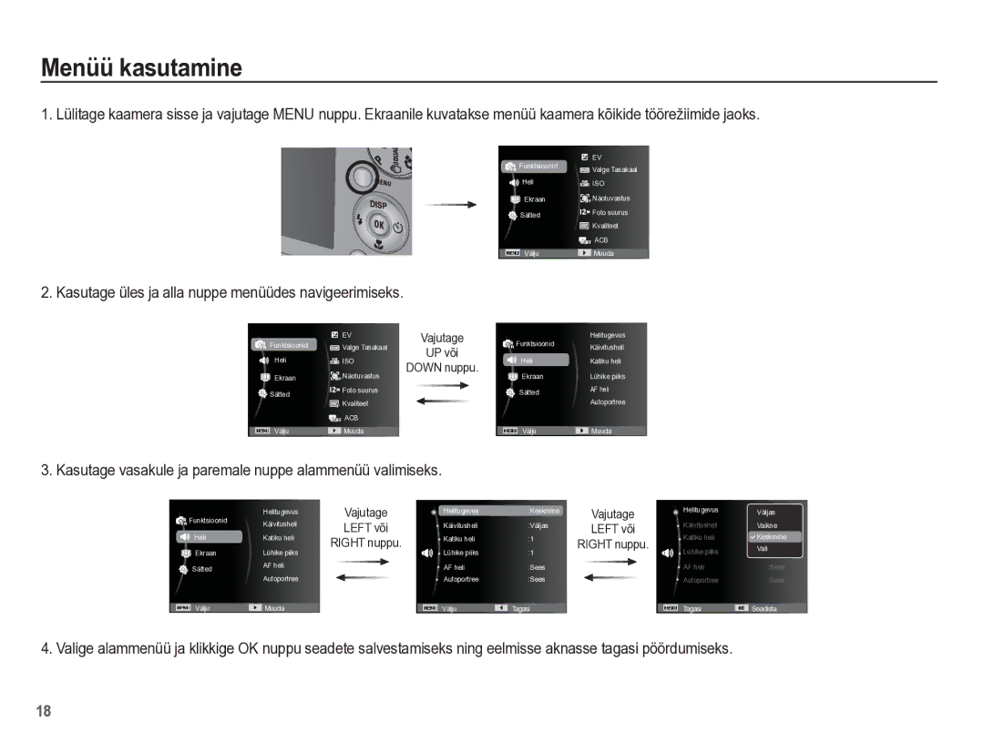 Samsung EC-PL65ZBBP/RU manual Menüü kasutamine, Kasutage üles ja alla nuppe menüüdes navigeerimiseks 