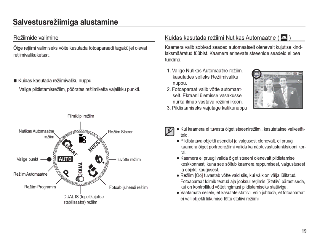 Samsung EC-PL65ZBBP/RU manual Salvestusrežiimiga alustamine, Režiimide valimine, Kuidas kasutada režiimi Nutikas Automaatne 