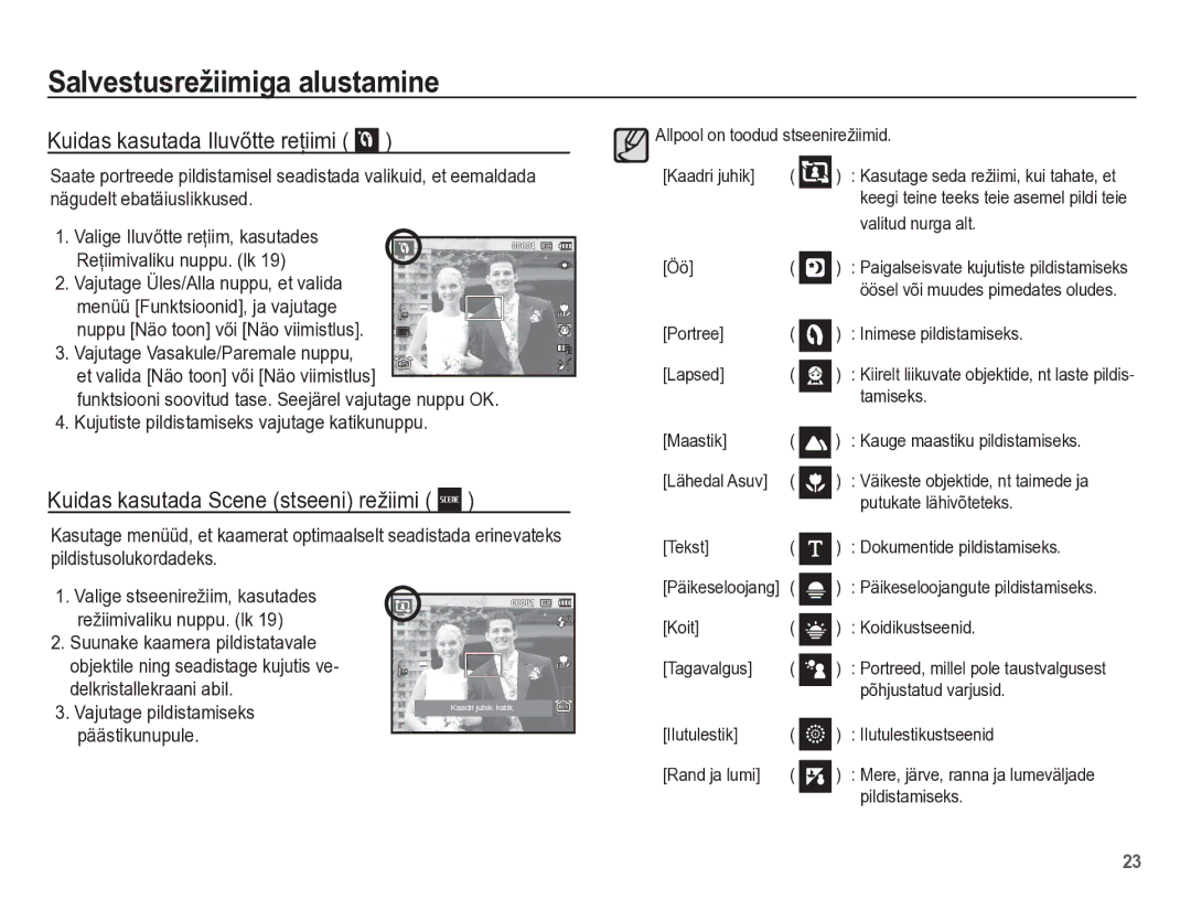 Samsung EC-PL65ZBBP/RU manual Kuidas kasutada IluvĘtte reĠiimi, Kuidas kasutada Scene stseeni režiimi 