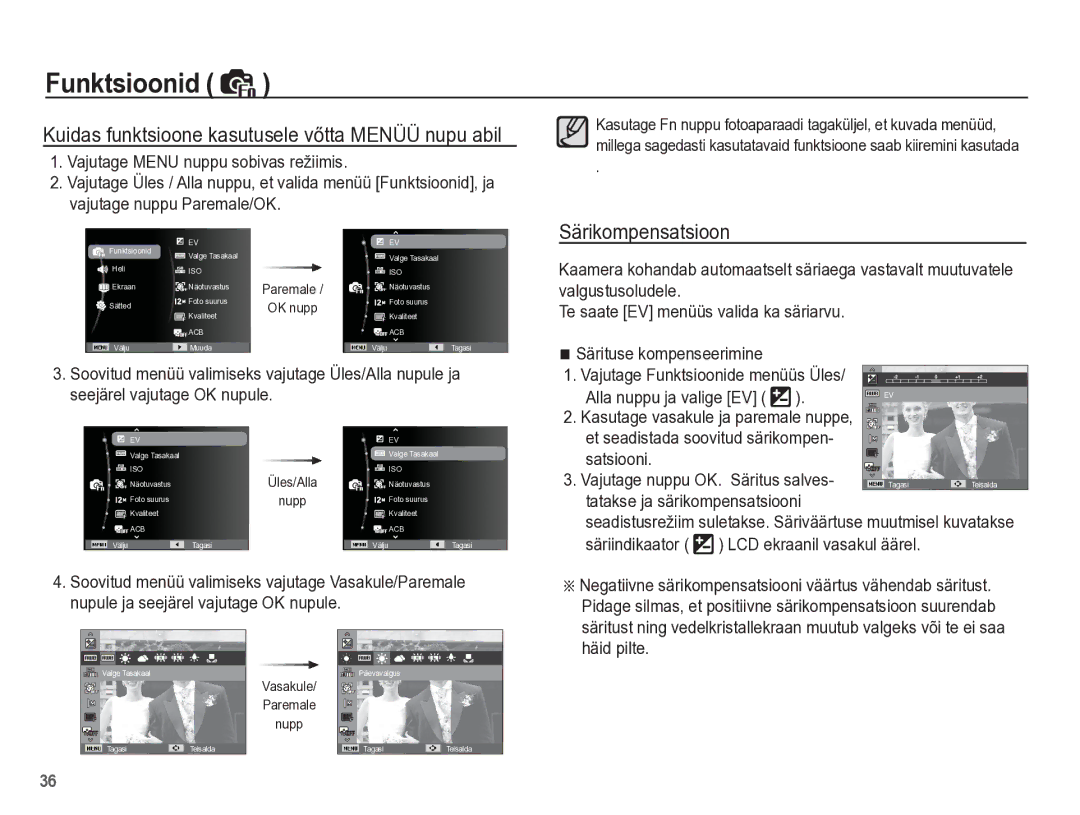 Samsung EC-PL65ZBBP/RU manual Särikompensatsioon, Tatakse ja särikompensatsiooni, Säriindikaator LCD ekraanil vasakul äärel 