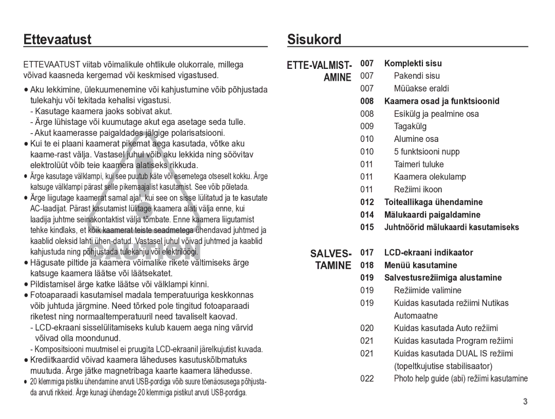 Samsung EC-PL65ZBBP/RU Ettevaatust Sisukord, Pakendi sisu 007 Müüakse eraldi, Photo help guide abi režiimi kasutamine 