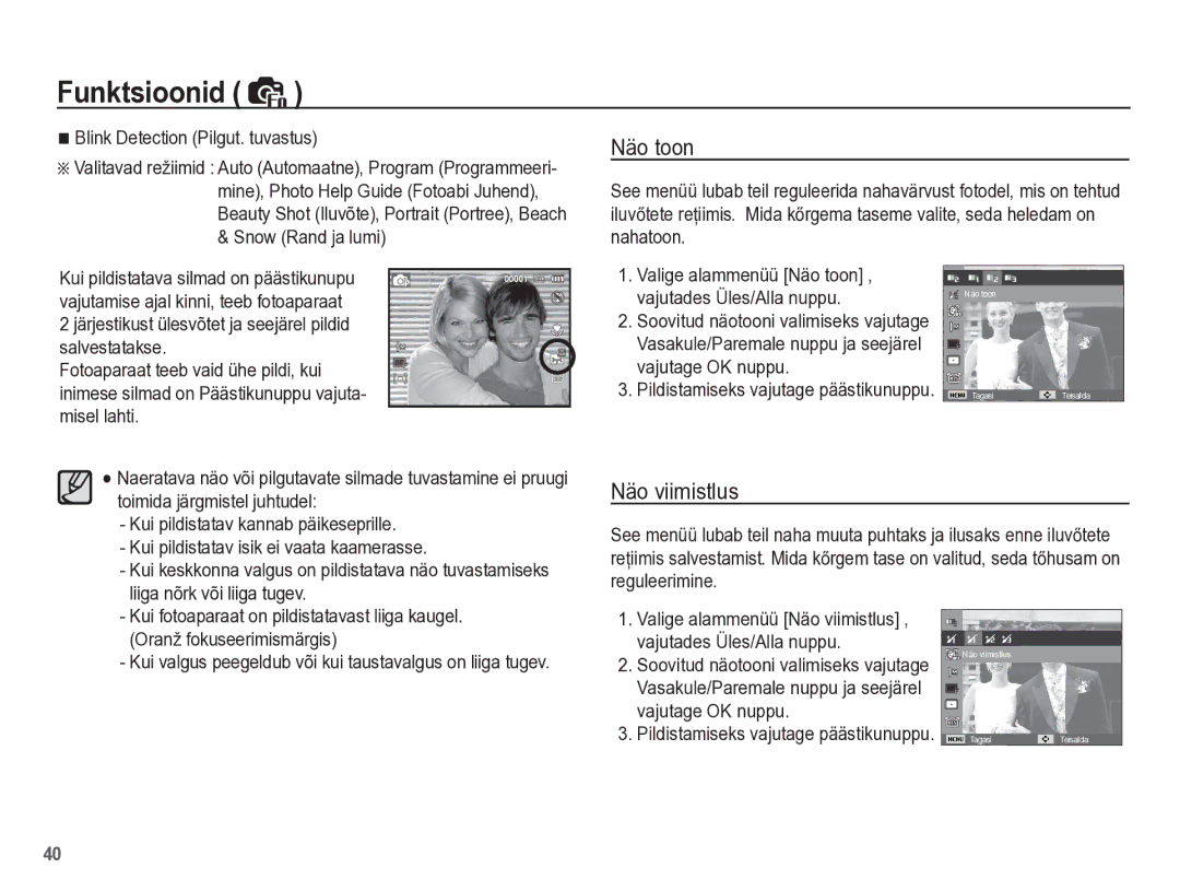 Samsung EC-PL65ZBBP/RU manual Näo toon, Näo viimistlus, Blink Detection Pilgut. tuvastus, Liiga nõrk või liiga tugev 