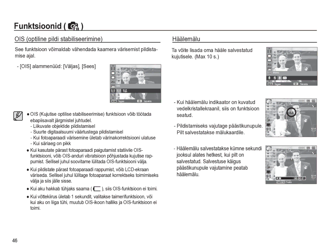 Samsung EC-PL65ZBBP/RU manual OIS optiline pildi stabiliseerimine Häälemälu, Kui säriaeg on pikk, Välja ja siis jälle sisse 