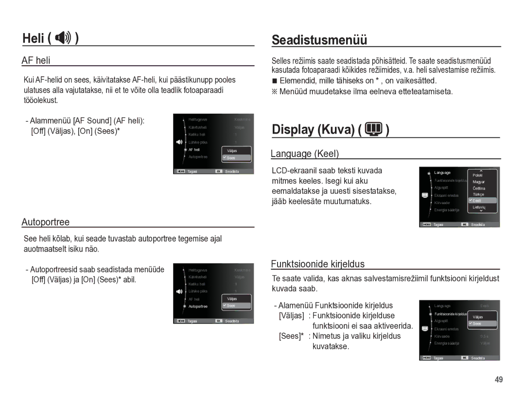 Samsung EC-PL65ZBBP/RU manual Seadistusmenüü, Display Kuva 