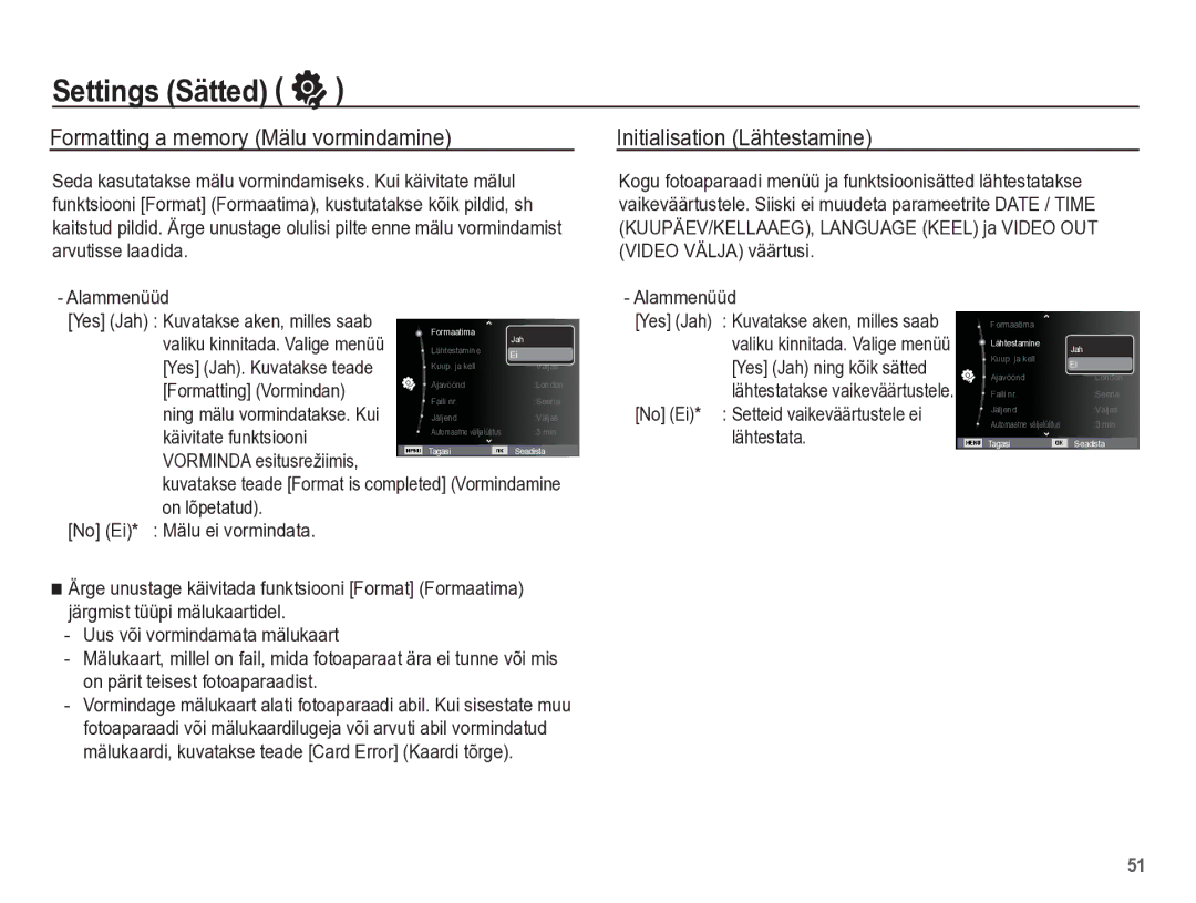 Samsung EC-PL65ZBBP/RU manual Settings Sätted, Formatting a memory Mälu vormindamine, Initialisation Lähtestamine 