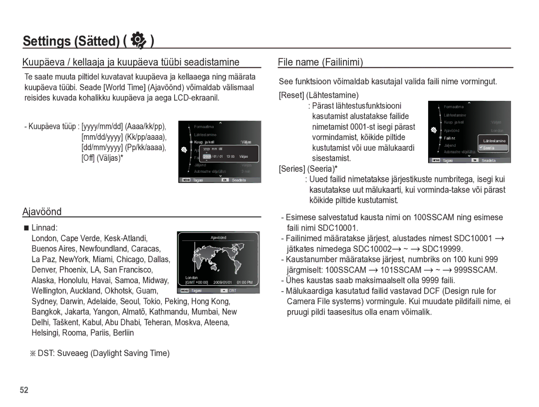 Samsung EC-PL65ZBBP/RU manual Kuupäeva / kellaaja ja kuupäeva tüübi seadistamine, Ajavöönd, File name Failinimi 