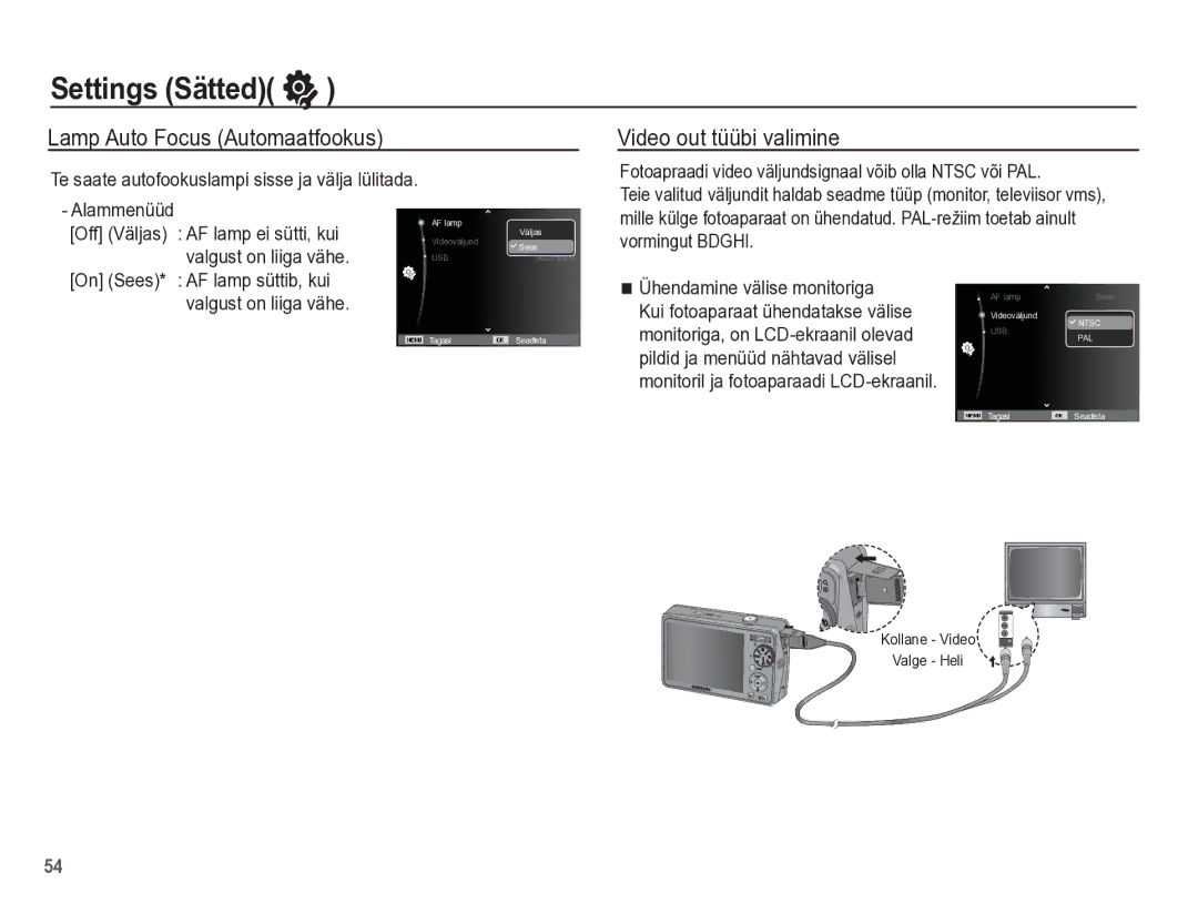 Samsung EC-PL65ZBBP/RU manual Lamp Auto Focus Automaatfookus Video out tüübi valimine, Ühendamine välise monitoriga 