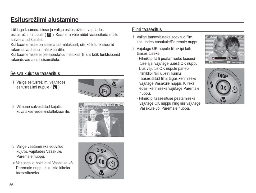 Samsung EC-PL65ZBBP/RU manual Esitusrežiimi alustamine, Filmi taasesitus, Seisva kujutise taasesitus 