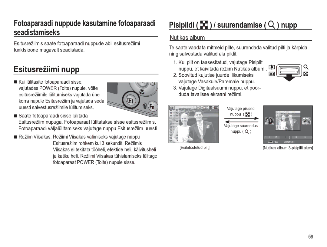 Samsung EC-PL65ZBBP/RU Fotoaparaadi nuppude kasutamine fotoaparaadi seadistamiseks, Esitusrežiimi nupp, Nutikas album 