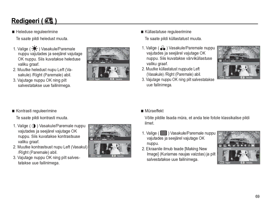 Samsung EC-PL65ZBBP/RU manual Heleduse reguleerimine Te saate pildi heledust muuta, Kontrasti reguleerimine 