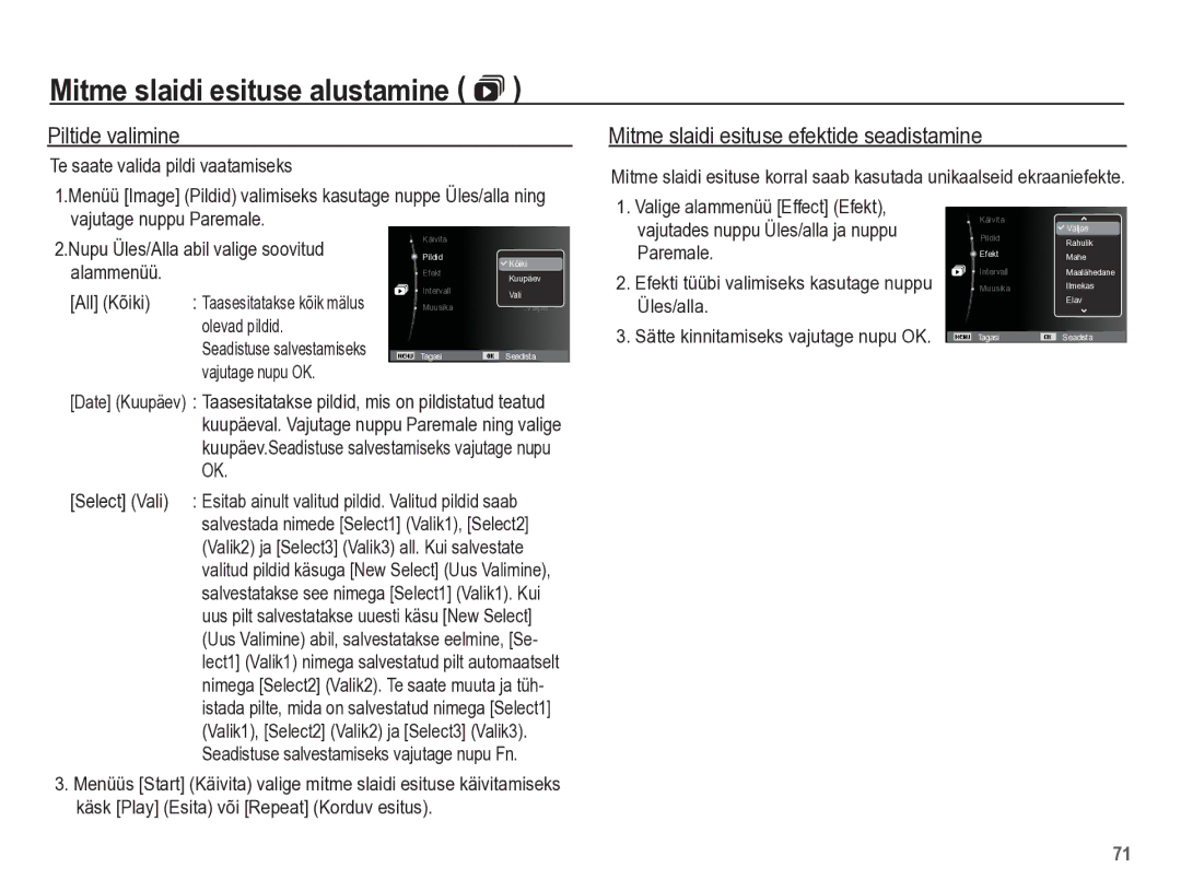 Samsung EC-PL65ZBBP/RU manual Piltide valimine, Mitme slaidi esituse efektide seadistamine 