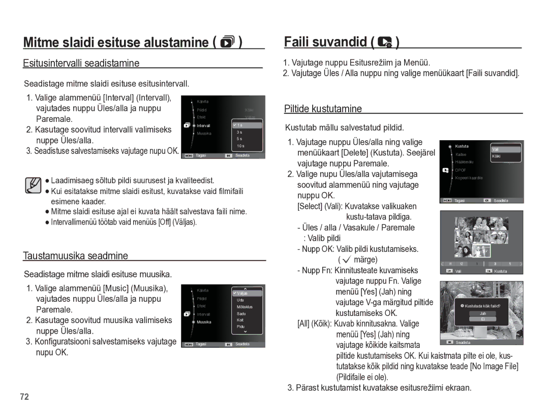 Samsung EC-PL65ZBBP/RU manual Faili suvandid, Esitusintervalli seadistamine, Piltide kustutamine, Taustamuusika seadmine 