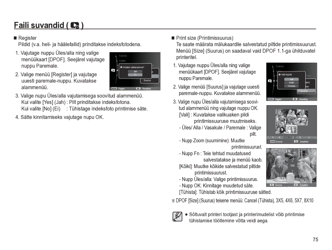 Samsung EC-PL65ZBBP/RU manual Alammenüü, Vali Kuvatakse valikuaken pildi Printimissuuruse muutmiseks, Printimissuurust 