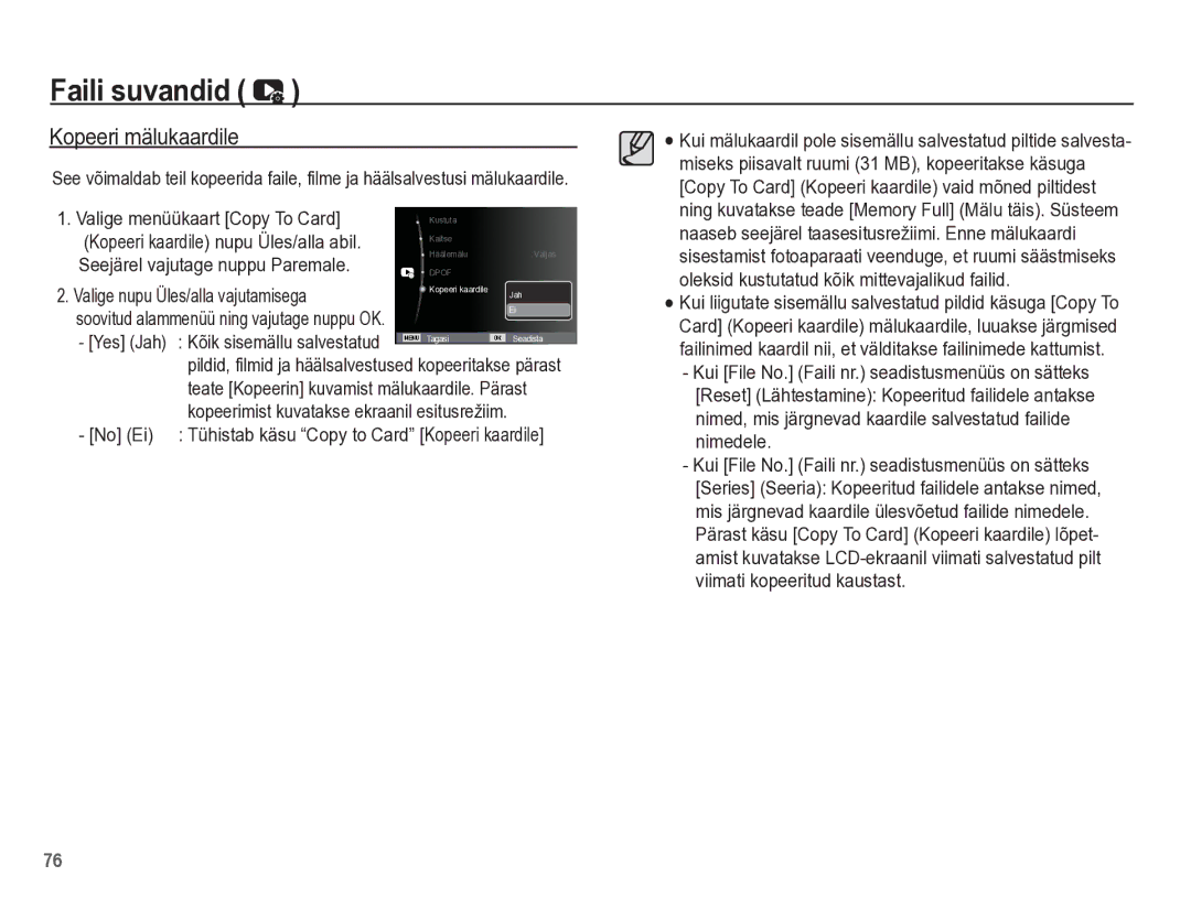 Samsung EC-PL65ZBBP/RU manual Kopeeri mälukaardile, Valige menüükaart Copy To Card 