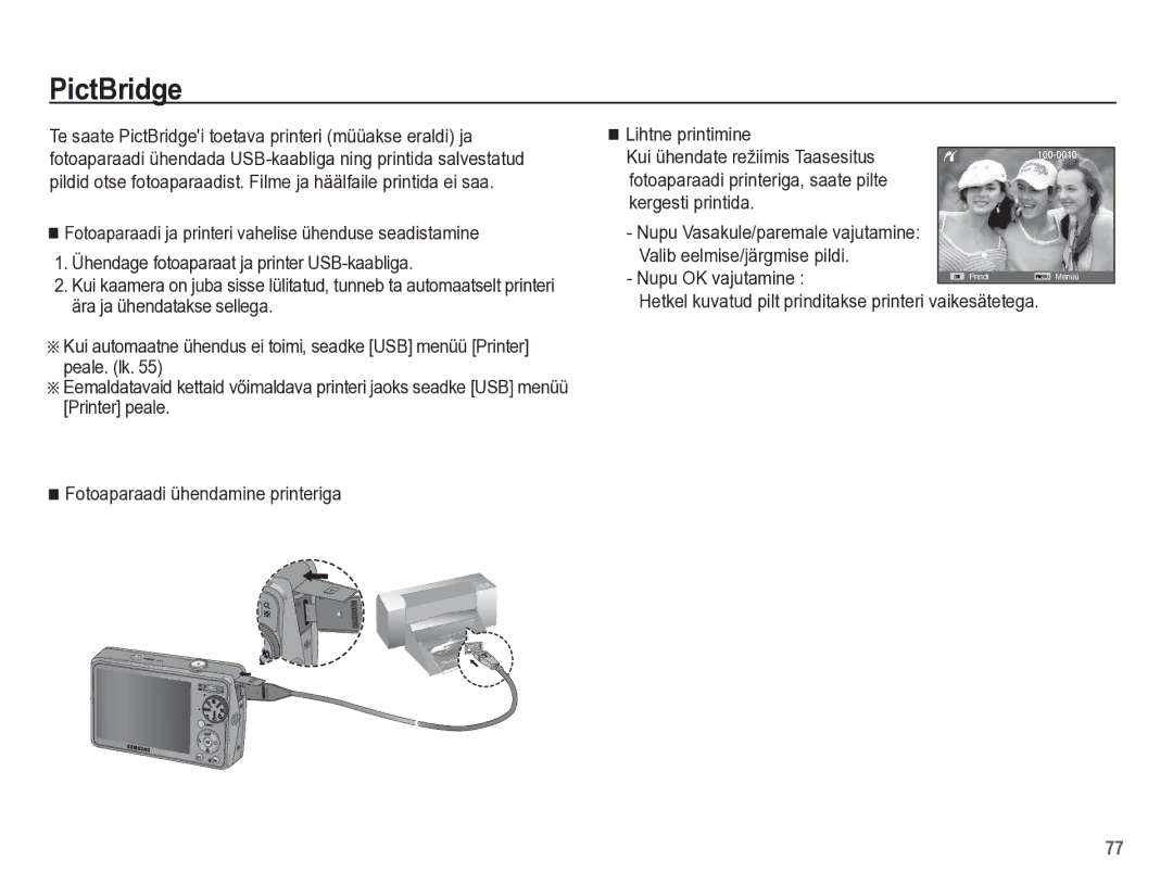 Samsung EC-PL65ZBBP/RU manual PictBridge, Nupu OK vajutamine, Hetkel kuvatud pilt prinditakse printeri vaikesätetega 