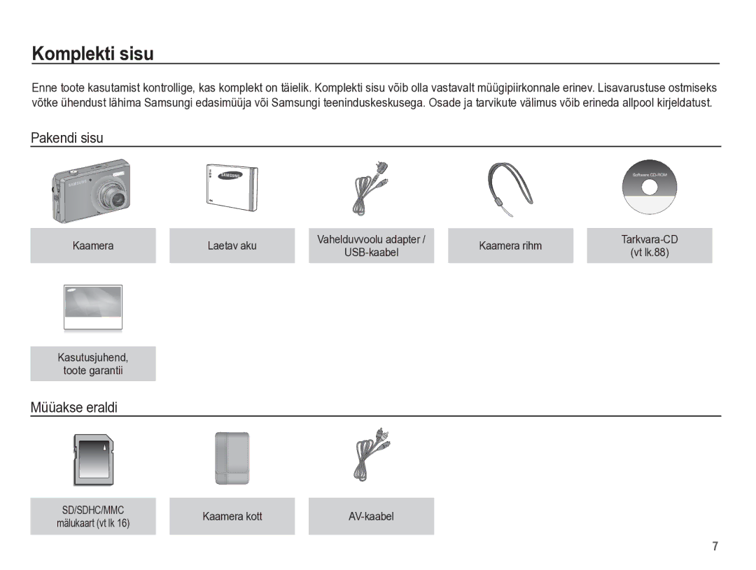 Samsung EC-PL65ZBBP/RU manual Komplekti sisu, Pakendi sisu, Müüakse eraldi 