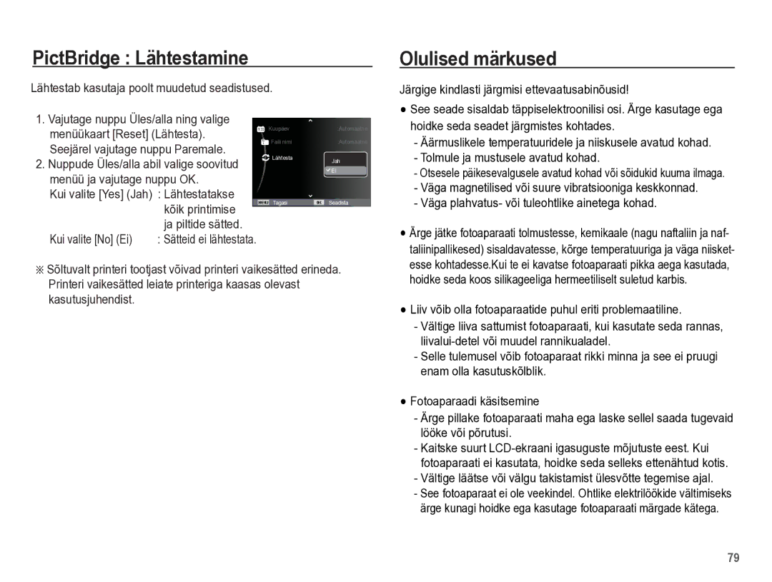 Samsung EC-PL65ZBBP/RU manual PictBridge Lähtestamine, Olulised märkused, Seejärel vajutage nuppu Paremale 