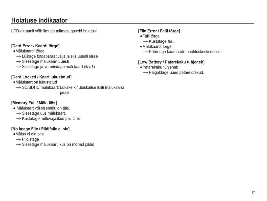 Samsung EC-PL65ZBBP/RU Hoiatuse indikaator, LCD-ekraanil võib ilmuda mitmesuguseid hoiatusi, Paigaldage uued patareid/akud 