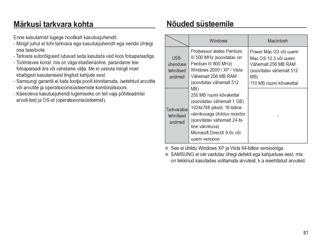 Samsung EC-PL65ZBBP/RU Märkusi tarkvara kohta, Nõuded süsteemile, See ei ühildu Windows XP ja Vista 64-bitise versiooniga 