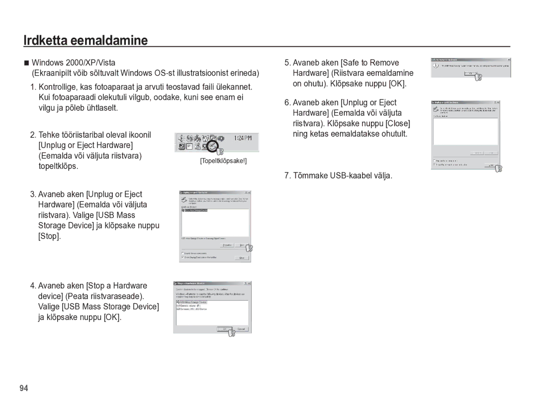 Samsung EC-PL65ZBBP/RU manual Irdketta eemaldamine, Windows 2000/XP/Vista, Eemalda või väljuta riistvara, Topeltklõps 