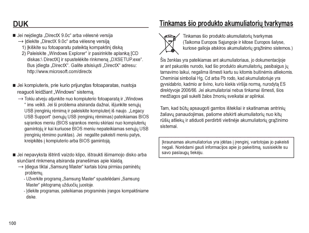 Samsung EC-PL65ZBBP/RU manual Tinkamas šio produkto akumuliatoriǐ tvarkymas 