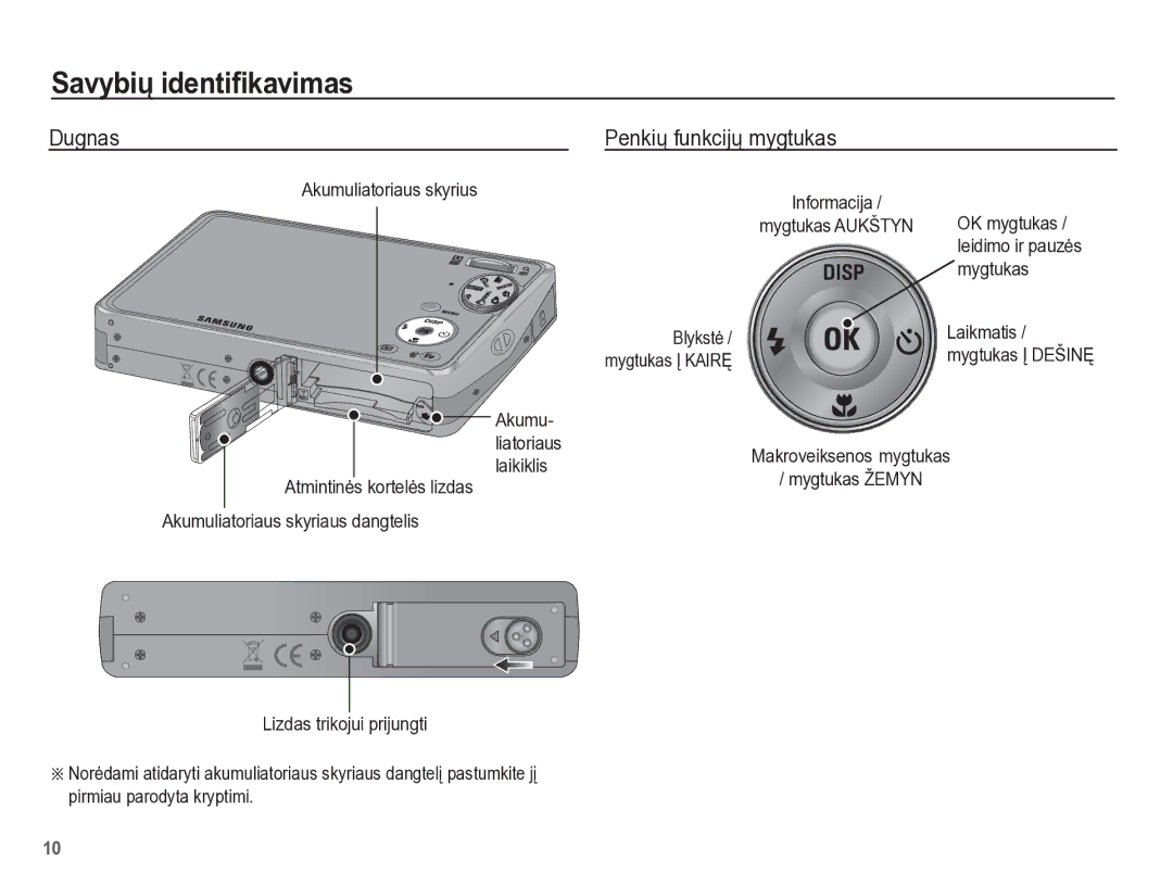 Samsung EC-PL65ZBBP/RU manual Dugnas Penkiǐ funkcijǐ mygtukas, Akumuliatoriaus skyrius, Informacija Mygtukas Aukštyn 