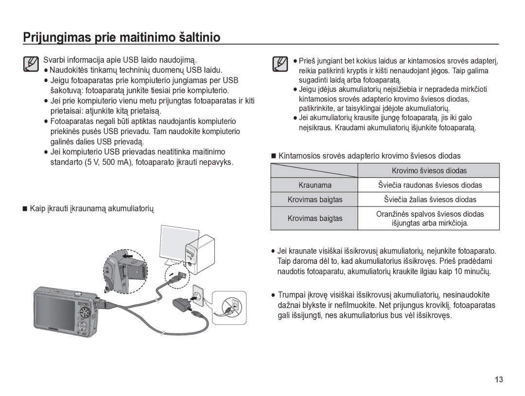 Samsung EC-PL65ZBBP/RU manual Kaip Ƴkrauti Ƴkraunamą akumuliatoriǐ, Kintamosios srovơs adapterio krovimo šviesos diodas 