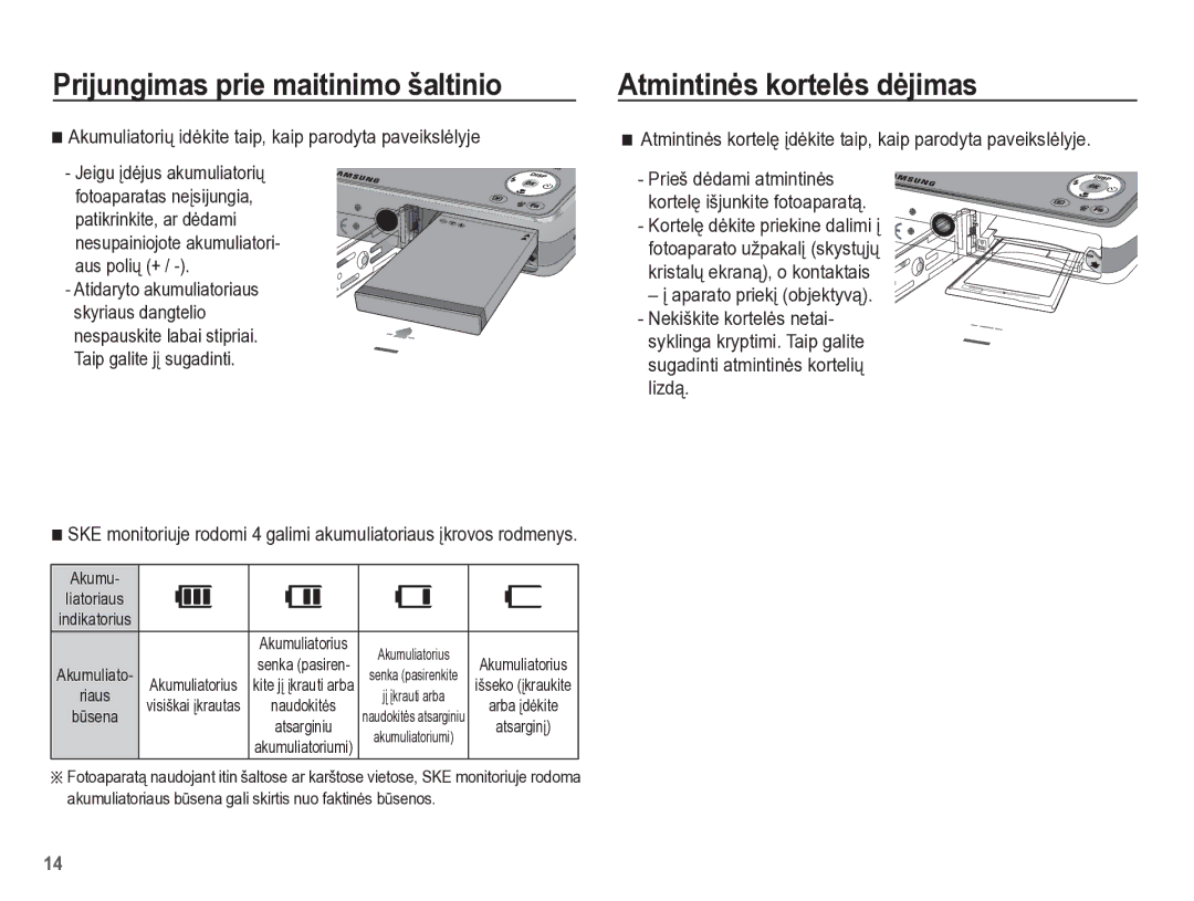 Samsung EC-PL65ZBBP/RU manual Atmintinơs kortelơs dơjimas, Akumuliatoriǐ idơkite taip, kaip parodyta paveikslơlyje 