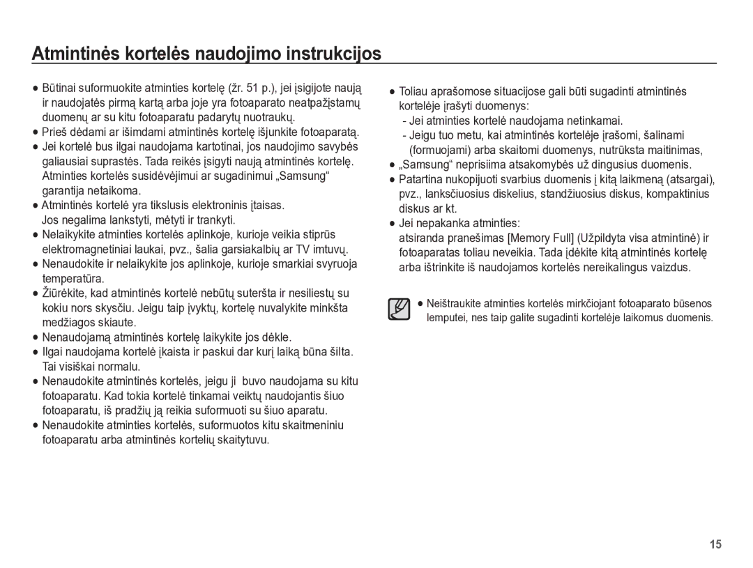 Samsung EC-PL65ZBBP/RU manual Atmintinơs kortelơs naudojimo instrukcijos 