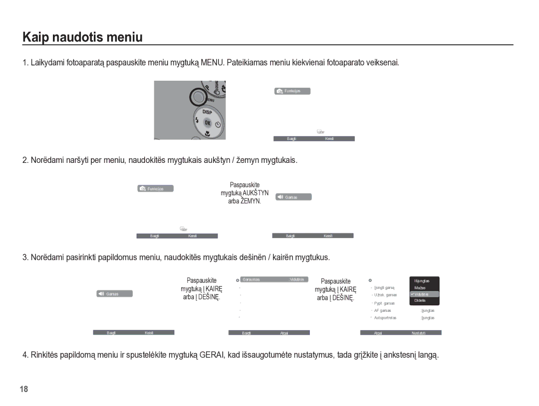 Samsung EC-PL65ZBBP/RU manual Kaip naudotis meniu, Arba Žemyn 