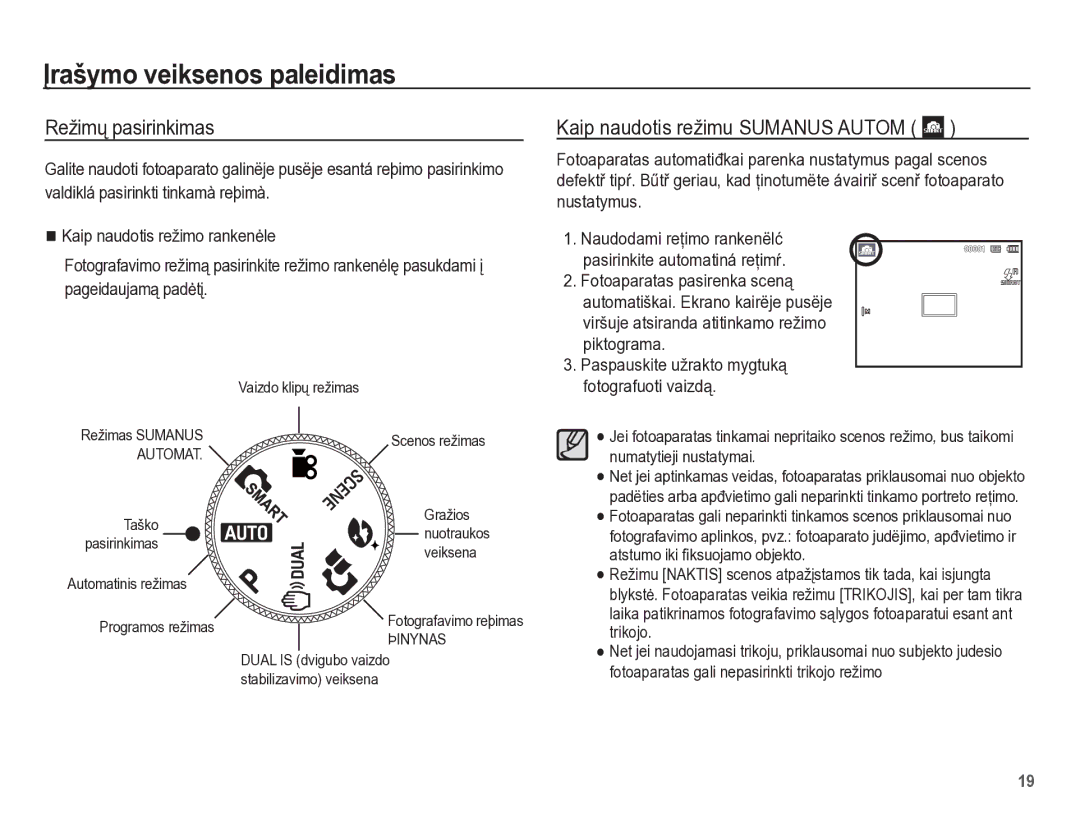 Samsung EC-PL65ZBBP/RU manual Ʋrašymo veiksenos paleidimas, Režimǐ pasirinkimas, Kaip naudotis režimu Sumanus Autom 