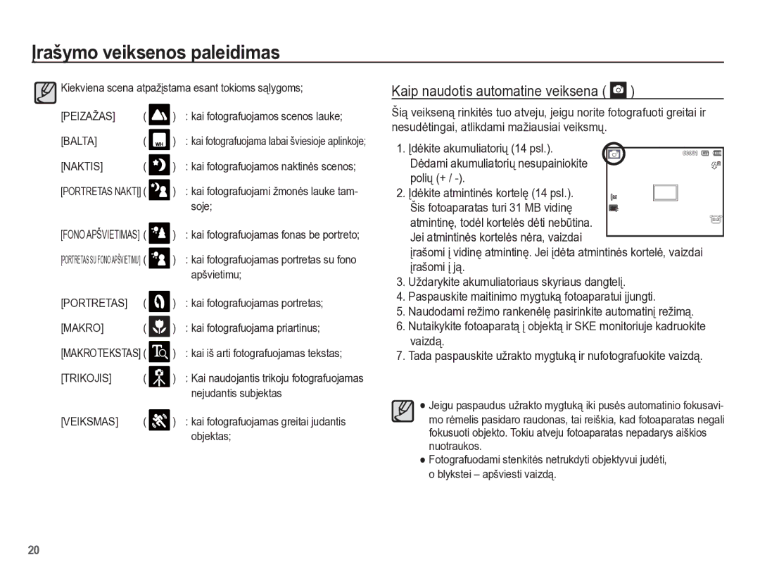 Samsung EC-PL65ZBBP/RU manual Kaip naudotis automatine veiksena 