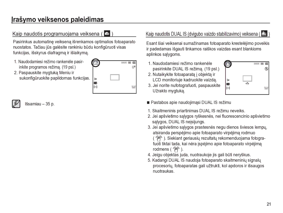 Samsung EC-PL65ZBBP/RU manual Kaip naudotis programuojama veiksena, Išsamiau 35 p 