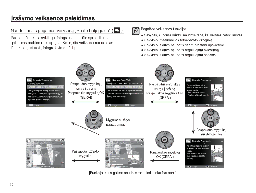 Samsung EC-PL65ZBBP/RU manual KairĊ / Ƴ dešinĊ, Paspaudus mygtuką Aukštyn/žemyn, Paspaudus užrakto Mygtuką 