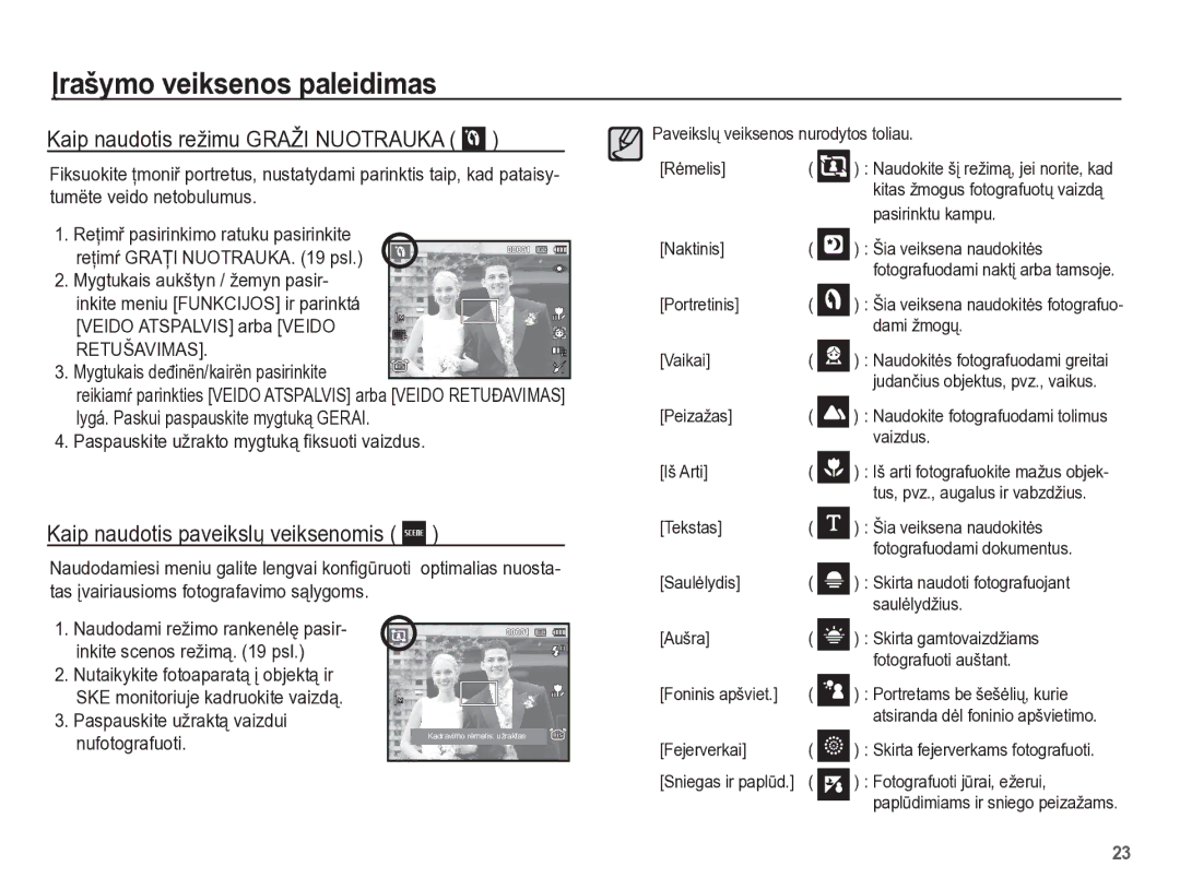 Samsung EC-PL65ZBBP/RU manual Kaip naudotis režimu Graži Nuotrauka, Kaip naudotis paveikslǐ veiksenomis 