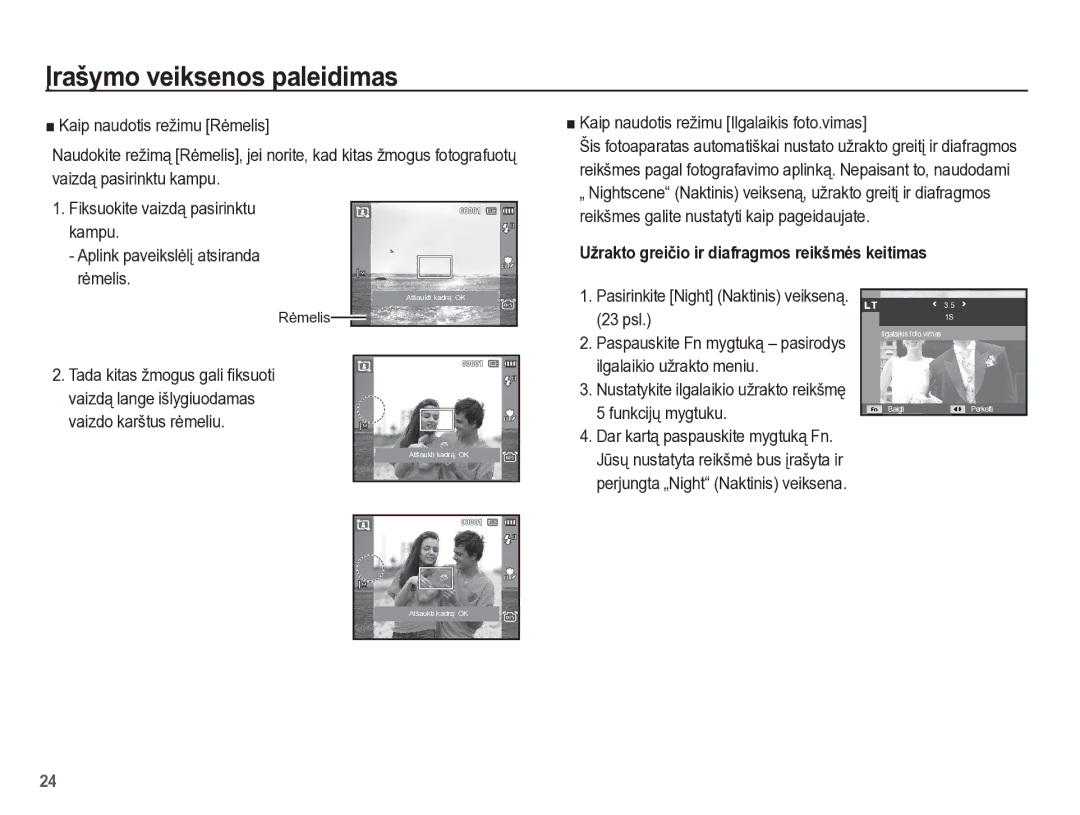 Samsung EC-PL65ZBBP/RU manual Rơmelis Kaip naudotis režimu Ilgalaikis foto.vimas, Pasirinkite Night Naktinis veikseną psl 